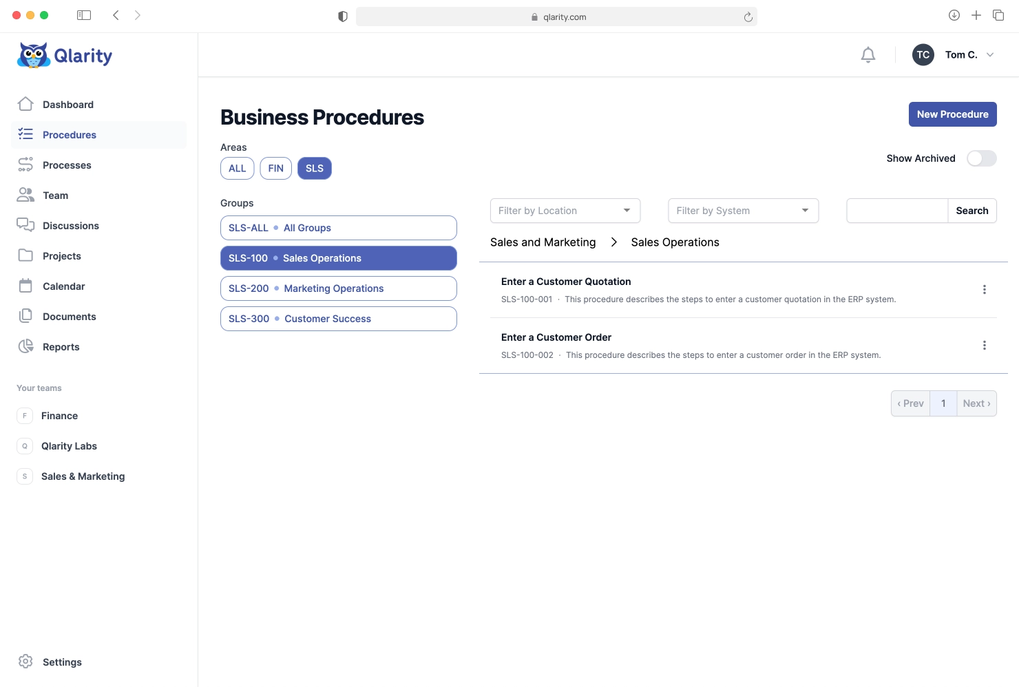 Screenshot of the Business Procedures list
